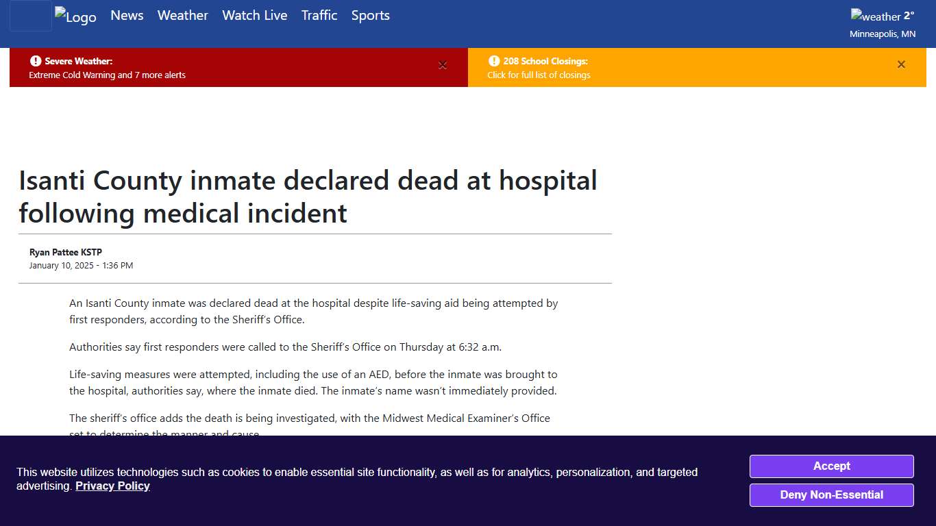 Isanti County inmate declared dead at hospital following medical incident - KSTP.com 5 Eyewitness News